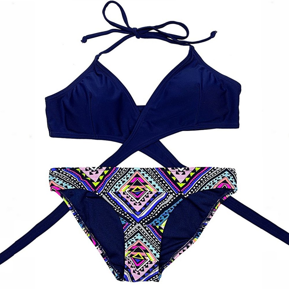 Tribal Print Crisscross Halter Wrap Hipster Bikini - Picture 5 of 6